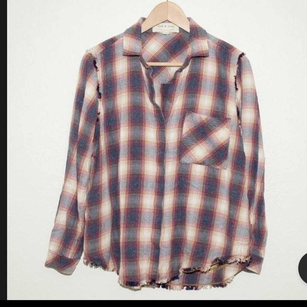Cloth & Stone Anthropologie Plaid Button Down with Fringe Detail Sz: S